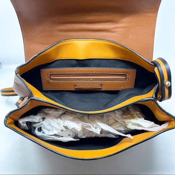 ZARA Cognac City Bag With Gold Metal Handle Crossbody Flap Over Medium Purse - Picture 9 of 10